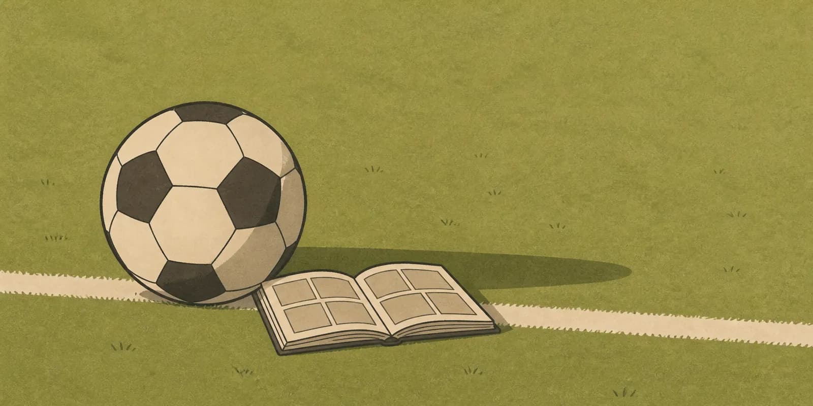 Uma bola de futebol ao lado de um gibi aberto, no gramado